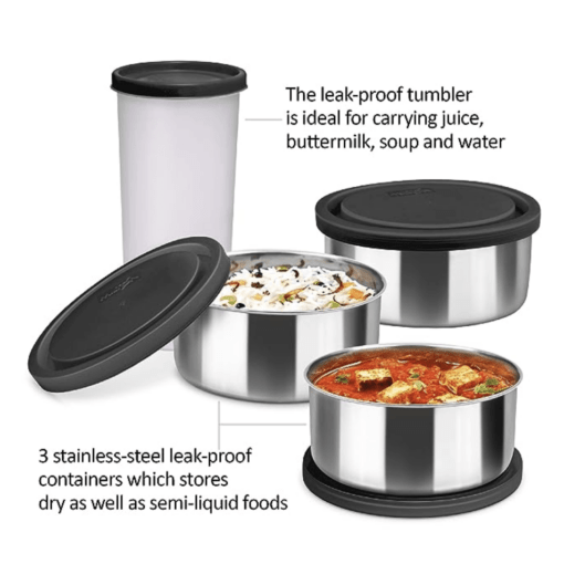 MILTON New Steel Combi Lunch Box, 3 Containers and 1 Tumbler with Jacket, Set of 4, Black | Food Grade | Light Weight | Dishwasher Safe | Easy to Carry | Leak Proof - Image 7